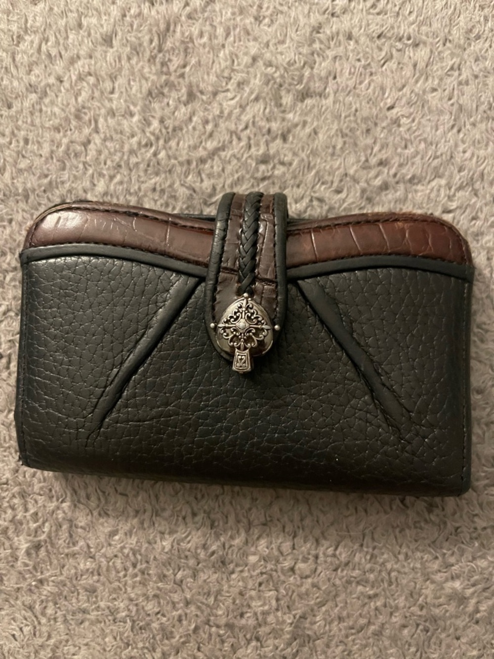 Brighton Black and Brown Leather Wallet with Decorative Silver Accent